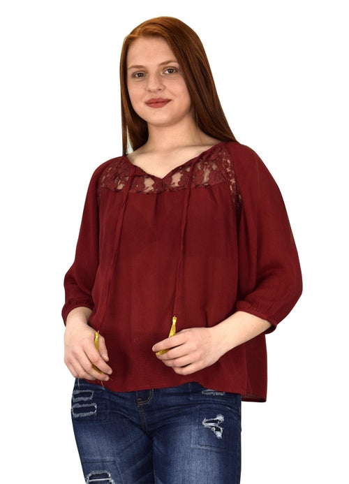 Peach Couture Lace Pattern Tie Neck 3/4th Sleeve Crochet Gypsy Blouse