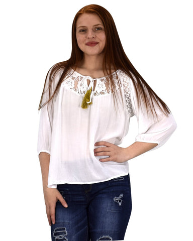 Peach Couture Lace Pattern Tie Neck 3/4th Sleeve Crochet Gypsy Blouse