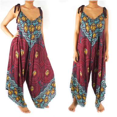 Burgundy Elephant Boho Hippie Jumpsuit Rompers