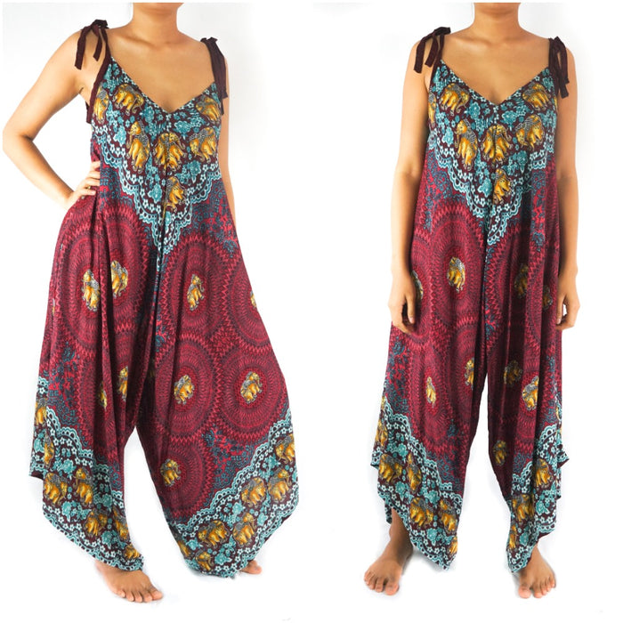 Burgundy Elephant Boho Hippie Jumpsuit Rompers