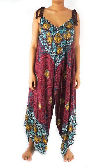 Burgundy Elephant Boho Hippie Jumpsuit Rompers