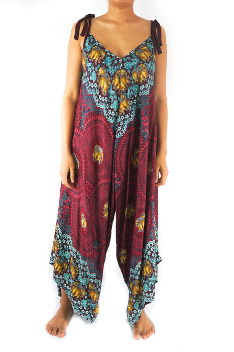Burgundy Elephant Boho Hippie Jumpsuit Rompers