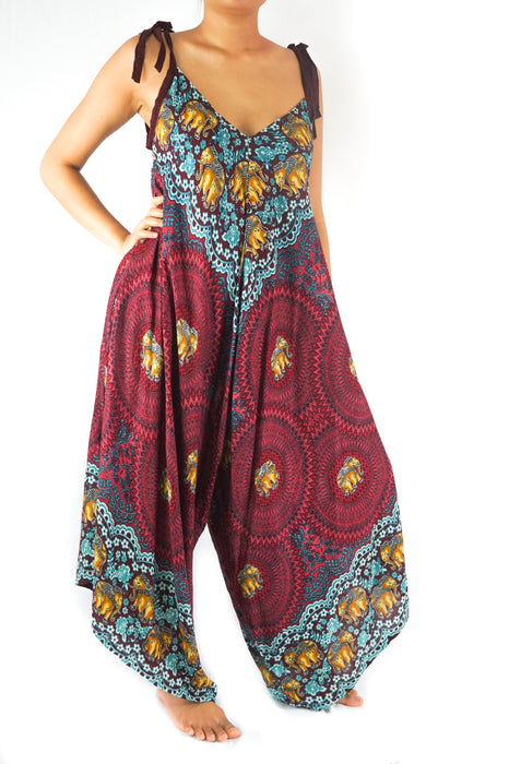 Burgundy Elephant Boho Hippie Jumpsuit Rompers