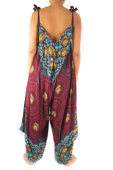 Burgundy Elephant Boho Hippie Jumpsuit Rompers
