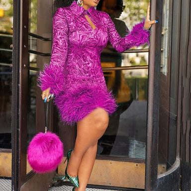 Feather Winter Long Sleeve Party Dress