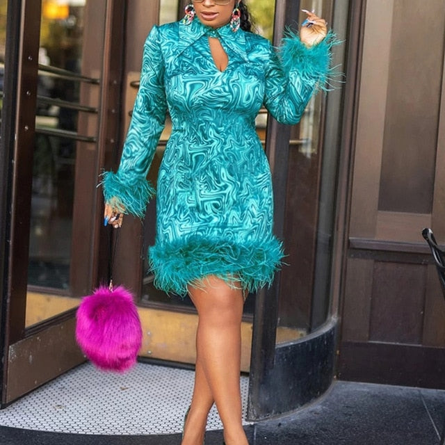 Feather Winter Long Sleeve Party Dress