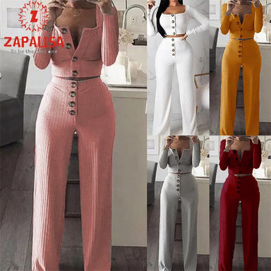 Two Piece Long Sleeve Single Breasted Crop Top and High Elastic Waist Pants