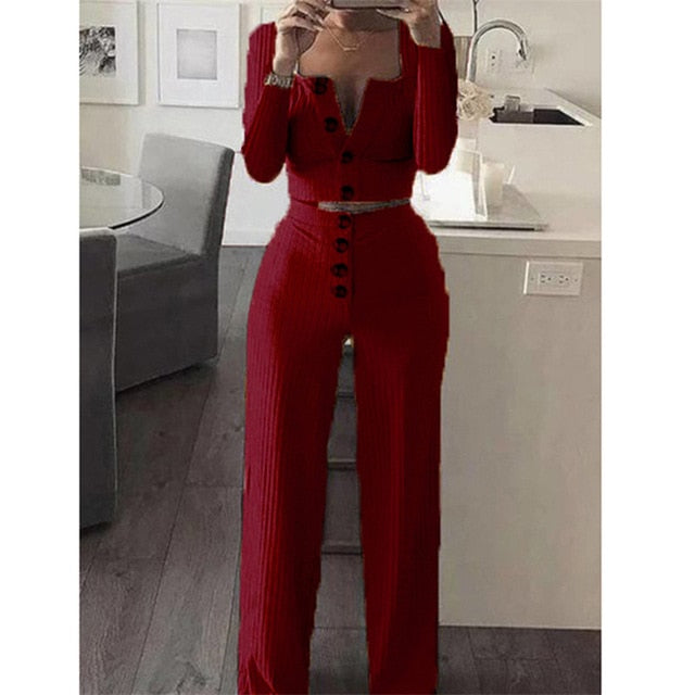Two Piece Long Sleeve Single Breasted Crop Top and High Elastic Waist Pants