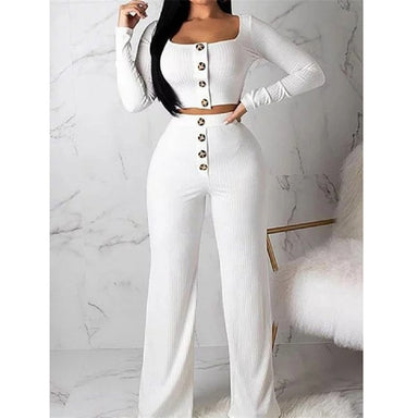 Two Piece Long Sleeve Single Breasted Crop Top and High Elastic Waist Pants