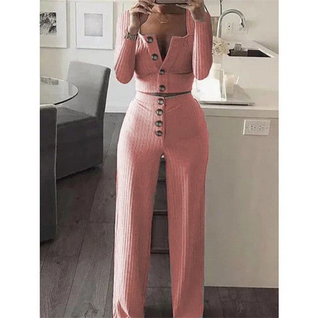 Two Piece Long Sleeve Single Breasted Crop Top and High Elastic Waist Pants