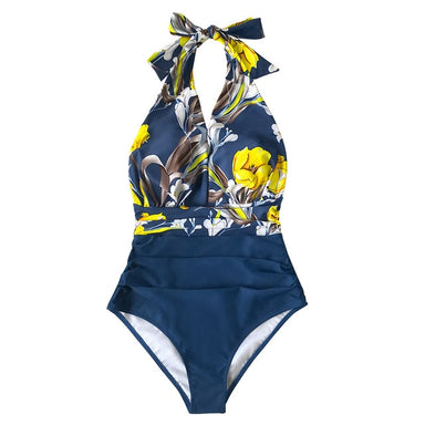 Navy Floral Deep V-neck Halter One-Piece Swimsuit