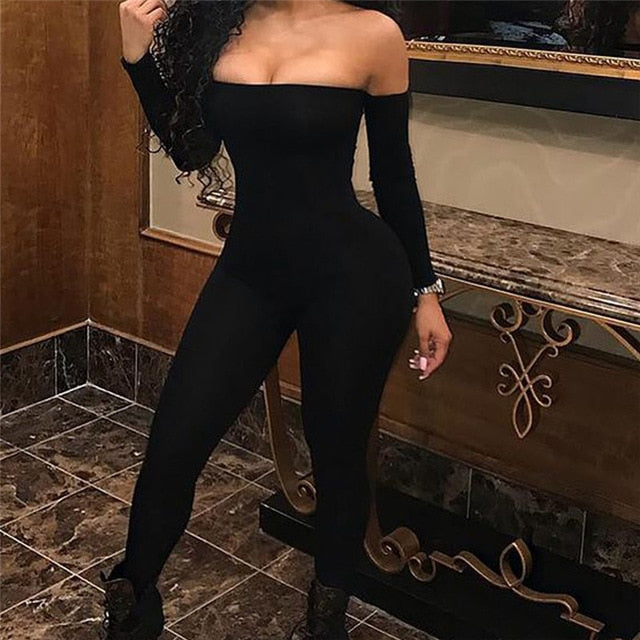 Sexy Ladies Long Sleeve Off Shoulder Bodycon Party Jumpsuit