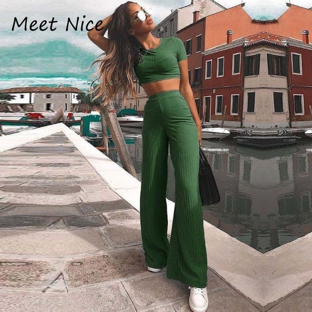2 Two Piece O Neck Crop Top and Long Pants Set