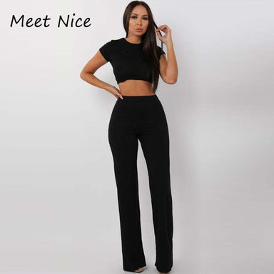 2 Two Piece O Neck Crop Top and Long Pants Set