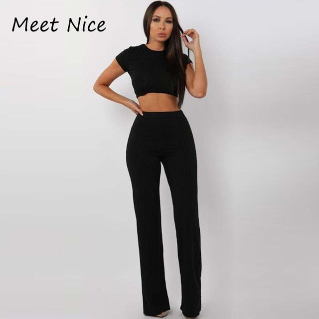 2 Two Piece O Neck Crop Top and Long Pants Set