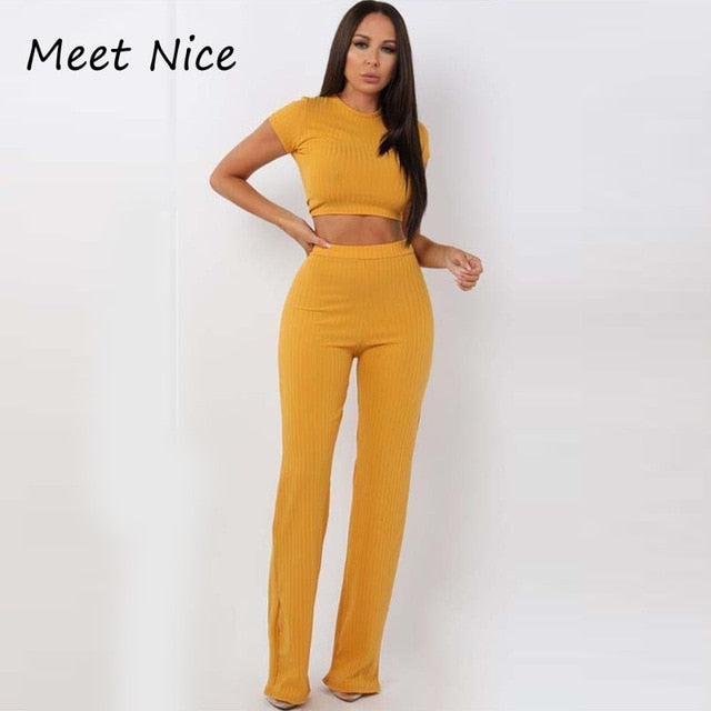 2 Two Piece O Neck Crop Top and Long Pants Set