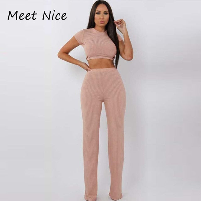 2 Two Piece O Neck Crop Top and Long Pants Set