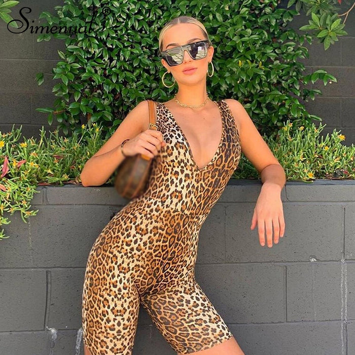 Leopard V Neck Fitness Biker Laysuits