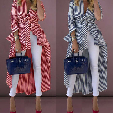 Striped V-neck Loose Top with Front Dip Hem and Belt