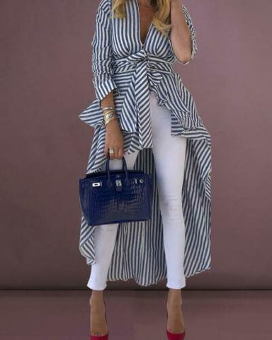 Striped V-neck Loose Top with Front Dip Hem and Belt