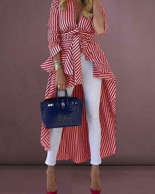 Striped V-neck Loose Top with Front Dip Hem and Belt