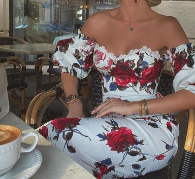 Floral Short Sleeve Print Lace Trim Midi Dress