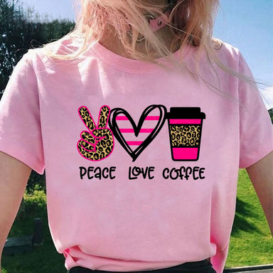 Pink T-Shirt Leopard Peace Love Coffee Print