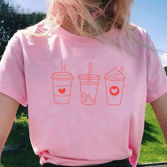 Pink T-Shirt Leopard Peace Love Coffee Print