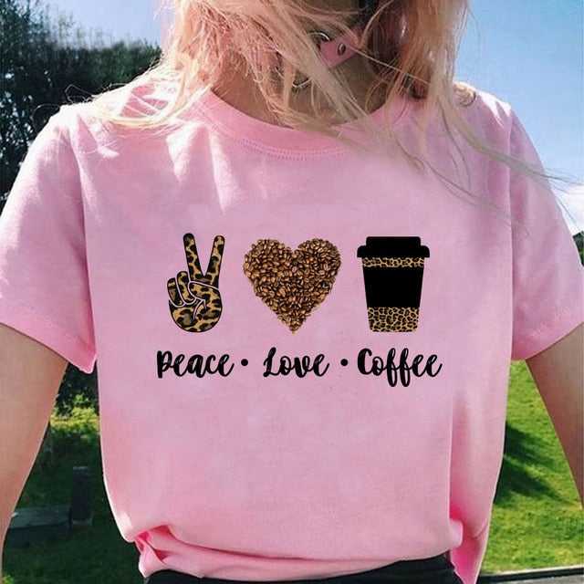 Pink T-Shirt Leopard Peace Love Coffee Print