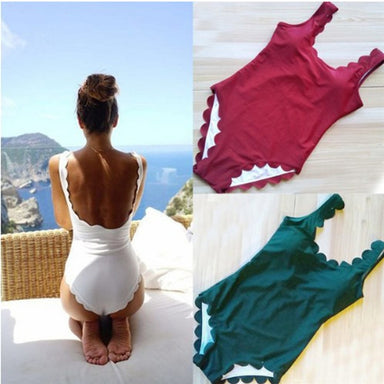 Sexy One-piece Beachwear Women Summer Wave Shape Wide Straps Swimsuit Solid Color