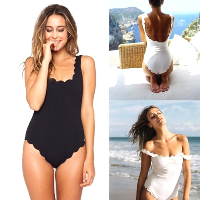 Sexy One-piece Beachwear Women Summer Wave Shape Wide Straps Swimsuit Solid Color