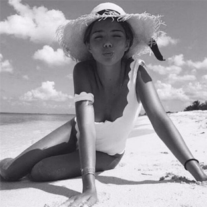 Sexy One-piece Beachwear Women Summer Wave Shape Wide Straps Swimsuit Solid Color