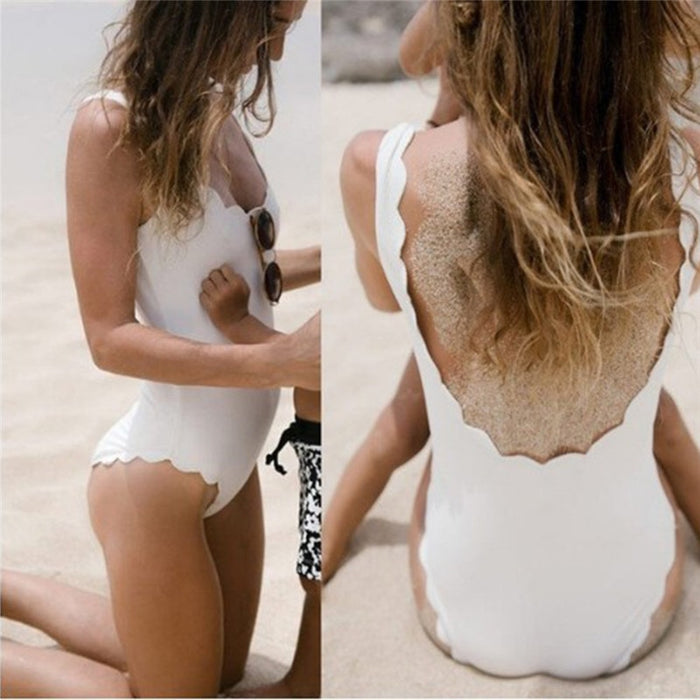 Sexy One-piece Beachwear Women Summer Wave Shape Wide Straps Swimsuit Solid Color