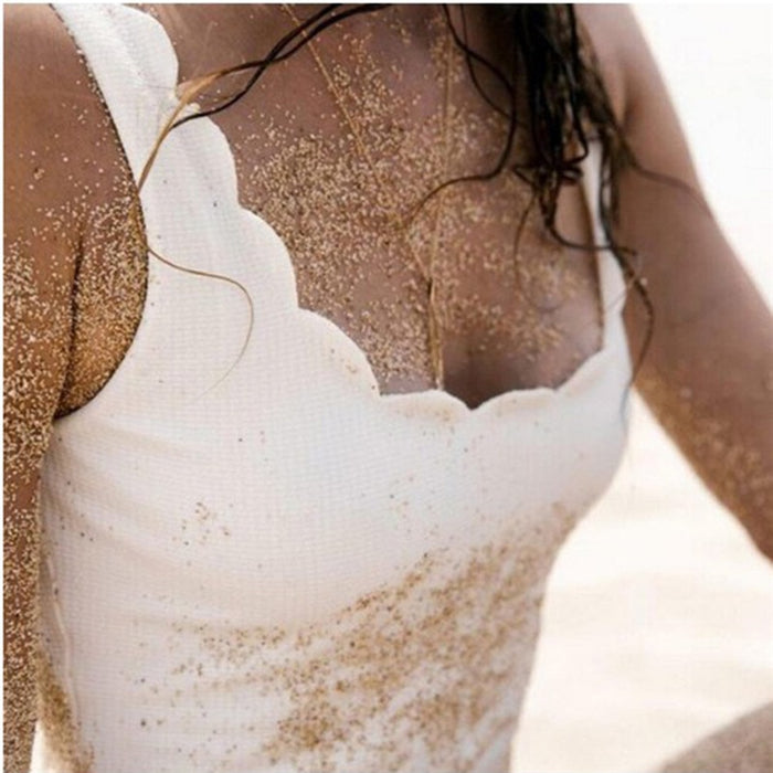Sexy One-piece Beachwear Women Summer Wave Shape Wide Straps Swimsuit Solid Color