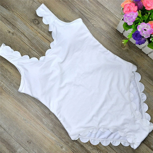 Sexy One-piece Beachwear Women Summer Wave Shape Wide Straps Swimsuit Solid Color