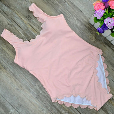 Sexy One-piece Beachwear Women Summer Wave Shape Wide Straps Swimsuit Solid Color