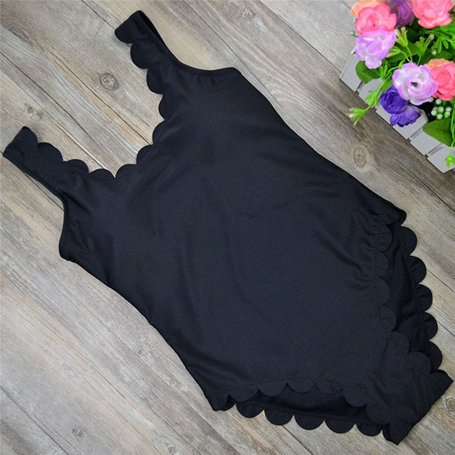 Sexy One-piece Beachwear Women Summer Wave Shape Wide Straps Swimsuit Solid Color