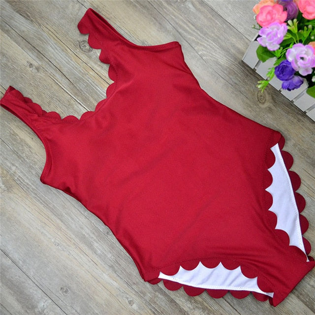 Sexy One-piece Beachwear Women Summer Wave Shape Wide Straps Swimsuit Solid Color