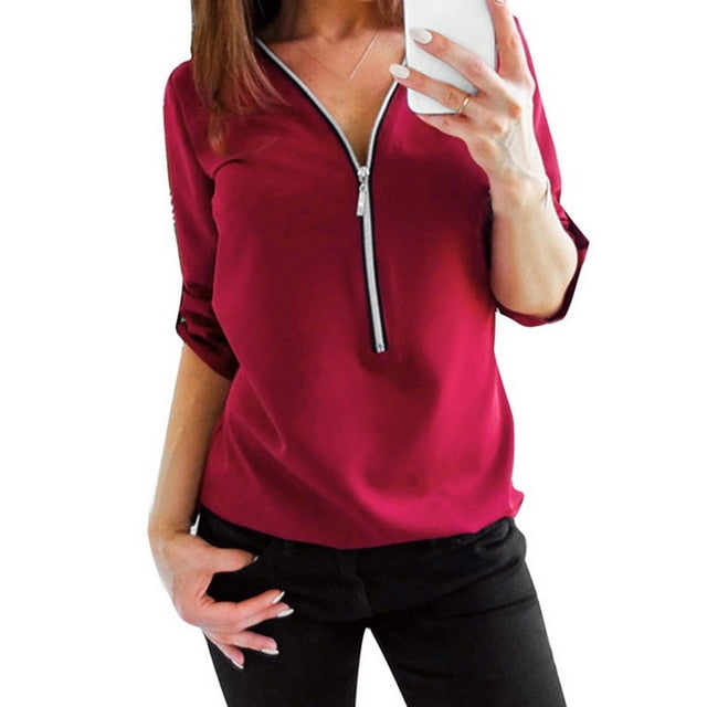 Sexy V Neck Solid Casual Blouse