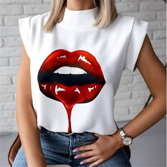 Ladies Casual Lips Printed T Shirt