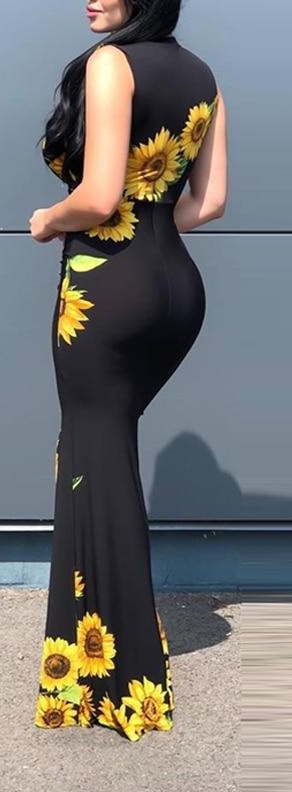 Deep V-Neck Plunge Sunflower Print Slit Maxi Dress