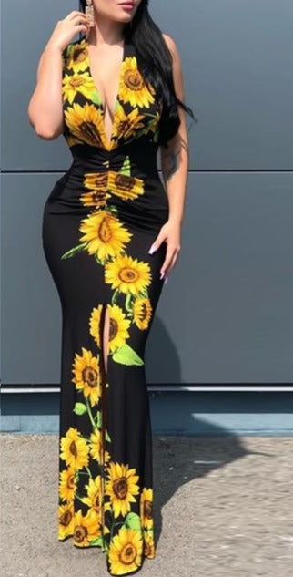 Deep V-Neck Plunge Sunflower Print Slit Maxi Dress