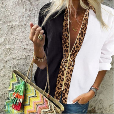 Spliced V-Neck Blouse Women Shirt Long Sleeve