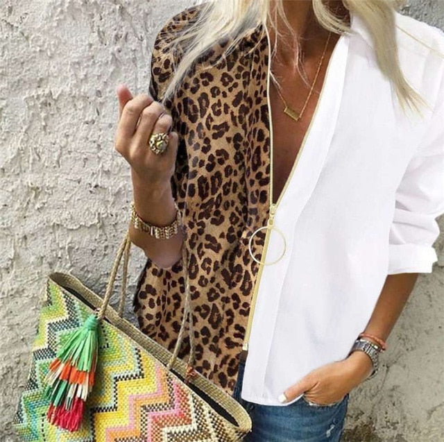Spliced V-Neck Blouse Women Shirt Long Sleeve