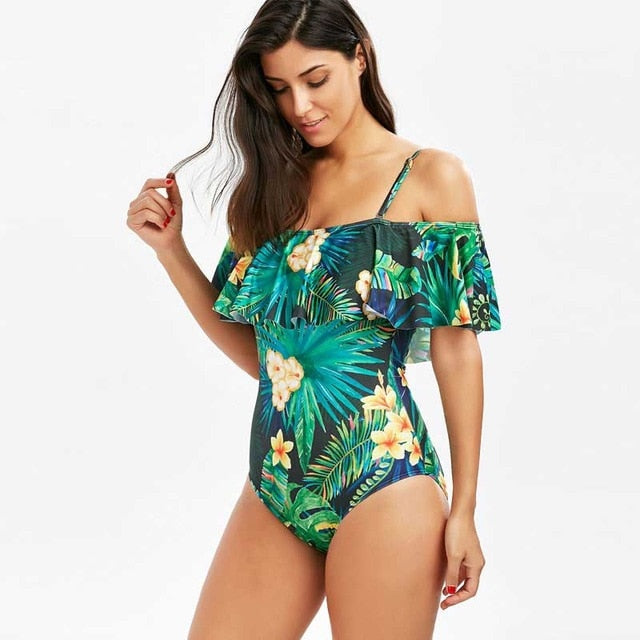 One Piece Green Floral Bathing Suit