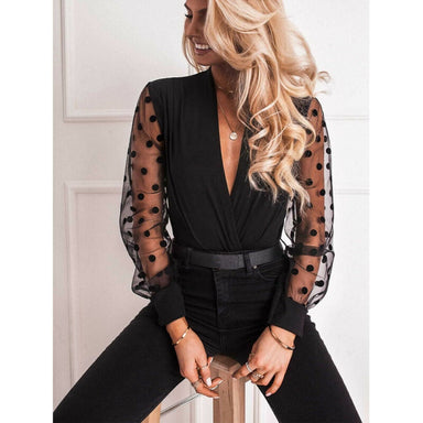 V-neck Transparent Polka dot Sesh Puff Long Sleeve Top