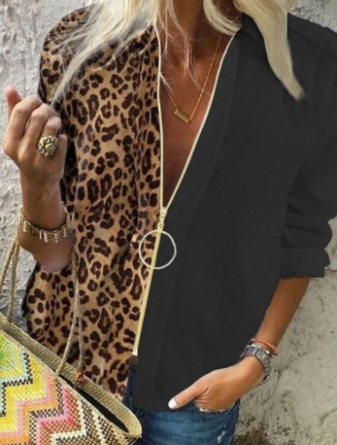 Spliced V-Neck Blouse Women Shirt Long Sleeve