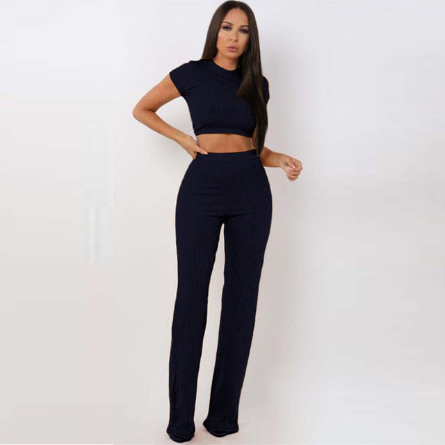 2 Two Piece O Neck Crop Top and Long Pants Set