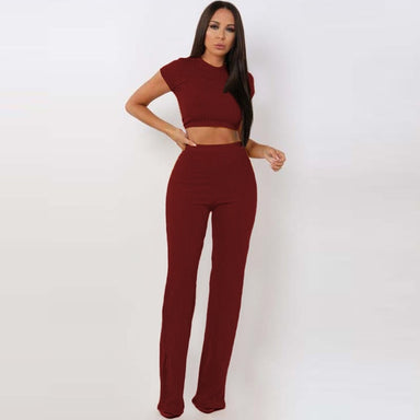 2 Two Piece O Neck Crop Top and Long Pants Set
