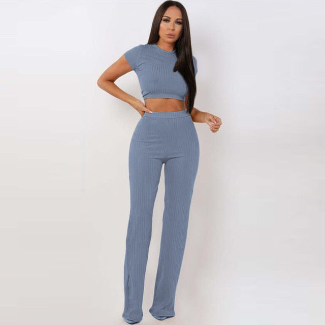 2 Two Piece O Neck Crop Top and Long Pants Set